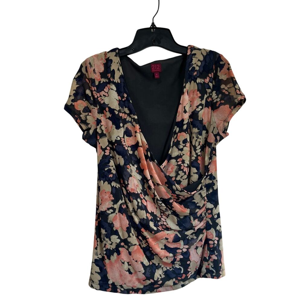 212‎ Collection Floral Faux Wrap Y2K Mesh Top Size M Short Sleeve Blouse